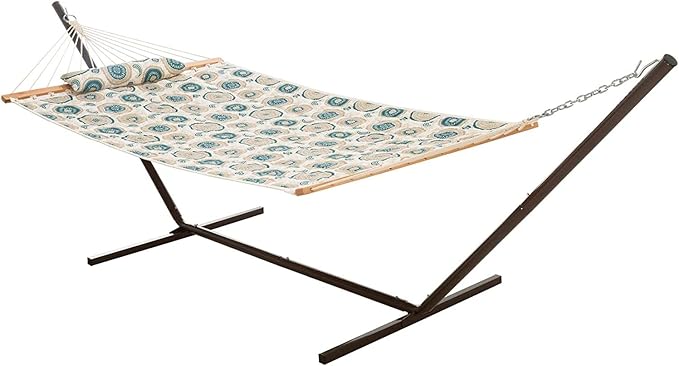 Castaway Living Large 2-Person Quilted Hammock with Stand & Pillow – Medallion, 10 ft. L x 52 in. W, 350 lb Capacity, Weather-Resistant Polyester, Portable Space-Saving Frame