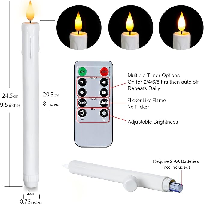 Homemory 6 Pcs Flameless Taper Candles with Remote, Timer, Dimmer, 9.6 Inches Plastic White Led CandleSticks with Flickering Light, Battery Operated Window Candles for Halloween Christmas Decoration