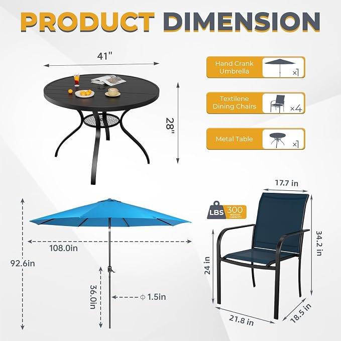 Incbruce 6 PCS Patio Dining Set with Sky Blue Umbrella, Outdoor Dining Set of 4 Textilene Chairs and 41" Round Table with Umbrella Hole for Backyard, Garden, and Poolside (Blue)