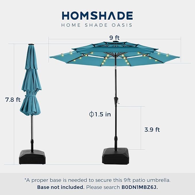 HOMSHADE 9FT 3-Tier Solar Patio Umbrella,Vented Market Table Umbrella Windproof w/32 LED Lights, UPF50+, 5-Year Fade Resistant, 8 Thicker Ribs for Pool, Lawn, Garden, Deck (Light Blue)