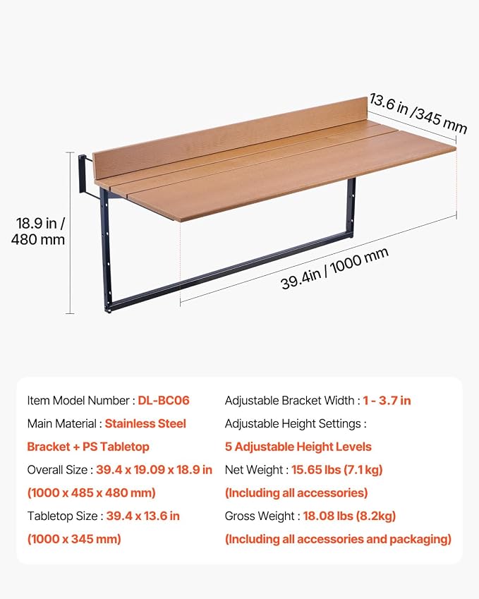 VEVOR Balcony Hanging Table, 39 x 13.6 inch, Outdoor Balcony Bar Table for Railings, 5-Level Adjustable, Fit Railing from 1" to 3.7", Serving Table for Patio & Deck