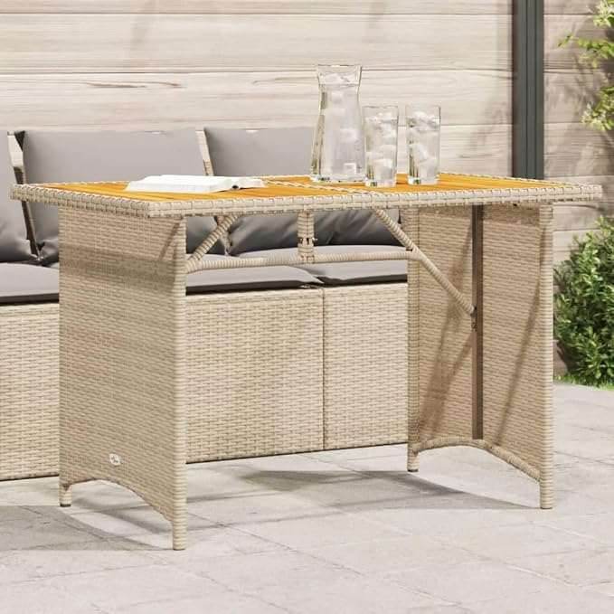 Powder-Coated Steel Garden Table with Beige PE Rattan and Solid Acacia Wood Top, Outdoor Dining Table for Patio, Beige Garden 43.3 x 26.8 x 27.6 in