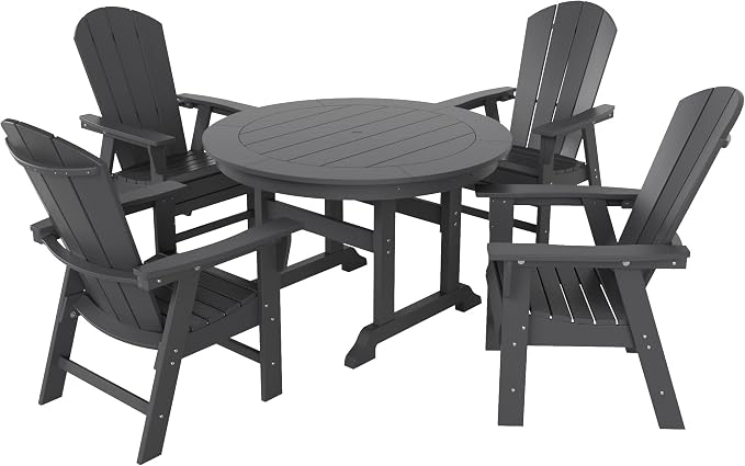 WestinTrends Malibu 5 Piece Adirondack Patio Dining Set, All Weather Poly Lumber Outdoor Table and Chairs Furniture Set, 47" Trestle Round Dining Table and 4 Adirondack Dining Chair, Gray