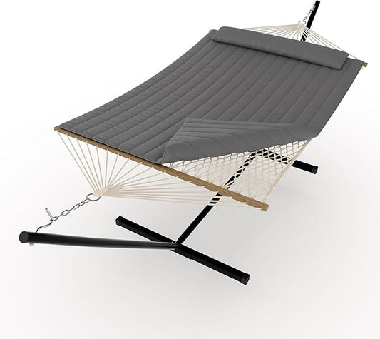 Double Hammock with Stand for Outdoor, Heavy Duty Portable Hammock with Adjustable Steel Stand for Patio, Garden, Beach, Backyard, Dark Gray