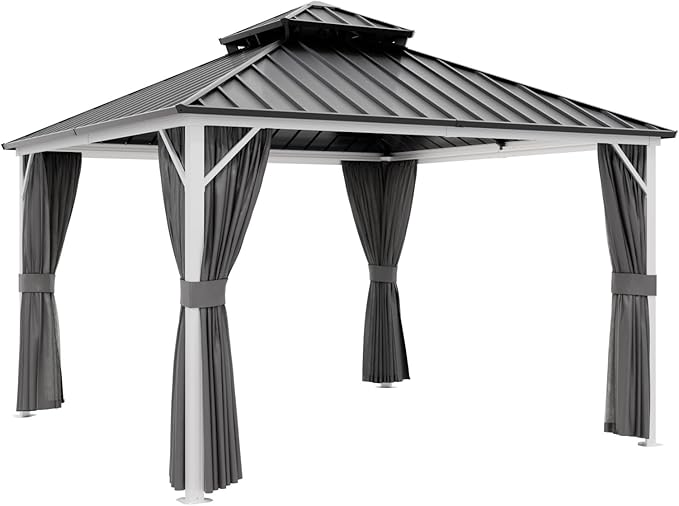 EAGLE PEAK 12x12 Hardtop Gazebo, Galvanized Steel Double Roof with Aluminum Frame, Outdoor Pavilion with Netting and Curtains for Patio, Deck, Lawn and Garden, White/Gray