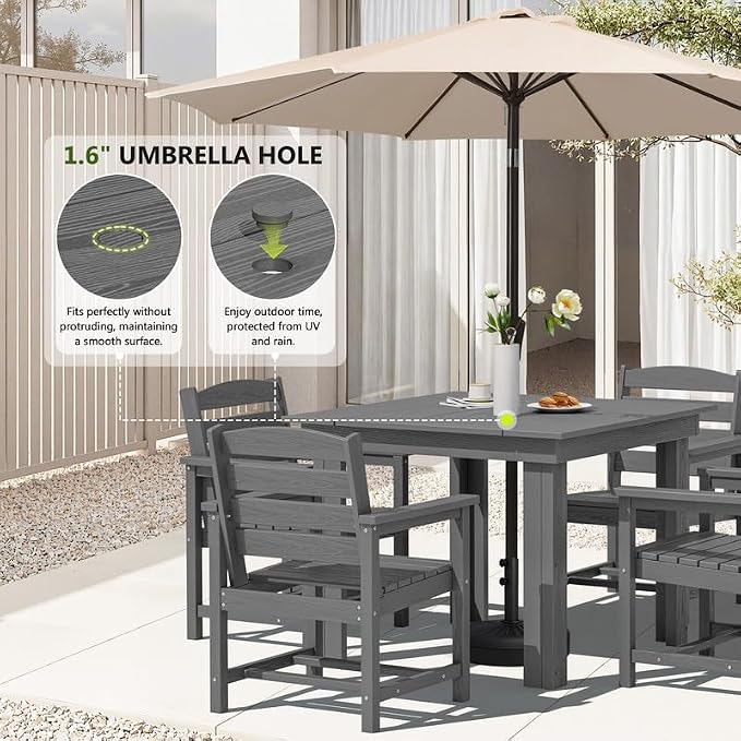 KINGYES 8-Piece HDPE Outdoor Dining Set for 6, Square Patio Table & Armchairs with Umbrella Hole, All-Weather Patio Dining Set for Backyard, Garden, Lawn & Poolside, Gray