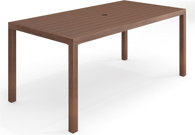 Martha Stewart Bedford 71" Indoor-Outdoor Aluminum Patio Table with Umbrella Hole and Brushed Woodgrain Finish in Brown