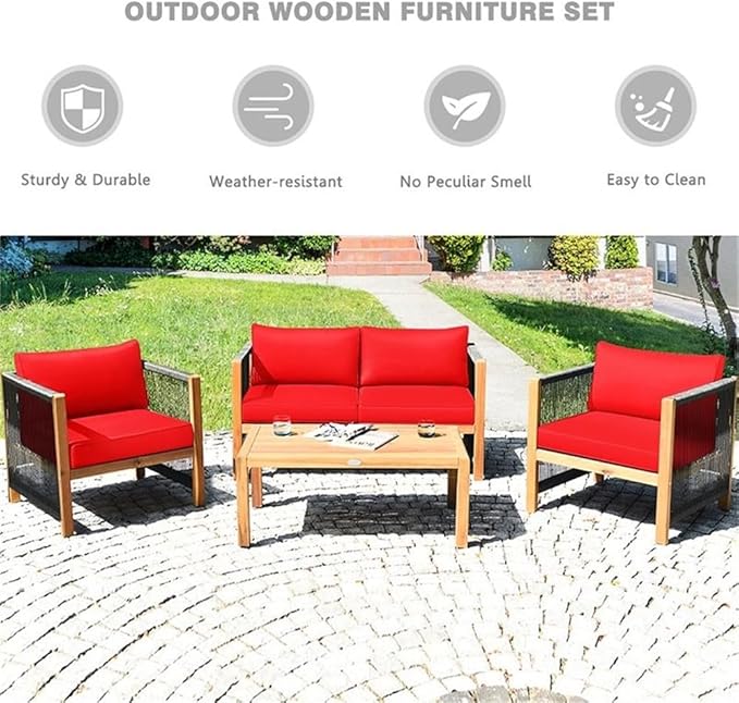 Pemberly Row 4-Piece Acacia Wood Patio Conversation Set, Cushioned Seats, Contemporary Style, Red Finish, Includes Coffee Table, Loveseat, 2 Chairs, Durable Outdoor Furniture for Backyard or Garden