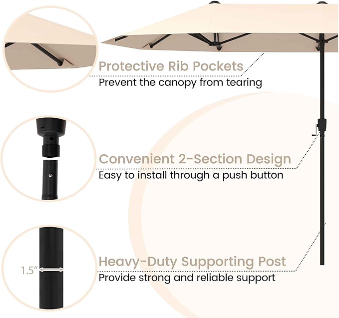 Tangkula 13 FT Large Patio Umbrella, Outdoor Double-Sided Table Market Umbrella w/Crank Handle, 12 Heavy-Duty Ribs, Sun-Protective Rectangular Twin Parasol for Garden Deck Lawn Poolside (Beige)