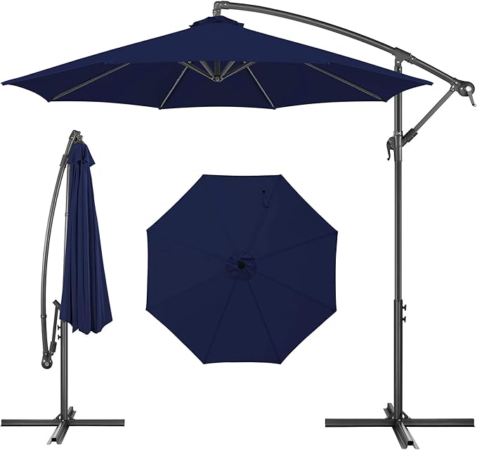 FLAME&SHADE 10ft Cantilever Patio Umbrella Outdoor, Large Offset Umbrella with Crank and Cross Base, UPF 50+ UV Protection Hanging Umbrella for Pool Deck Garden (Navy Blue)