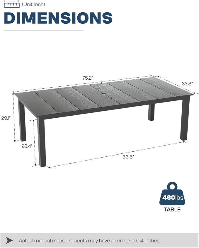 75.2" HDPE Outdoor Dining Table for 4-6 People, Rectangular Patio Dining Table with Umbrella Hole, All Weather Patio Dining Outdoor Table for Deck, Backyard and Garden, Gray