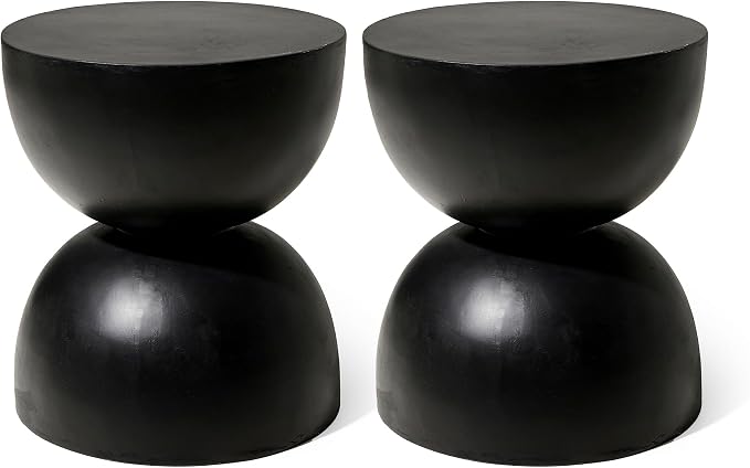Glitzhome Outdoor Side Table, Round Small End Table with Terrazzo Finish MGO Hourglass Garden Stool, Set of 2 Lightweight Decorative Accent Table for Living Room Planter Stand Patio Pool Porch, Black
