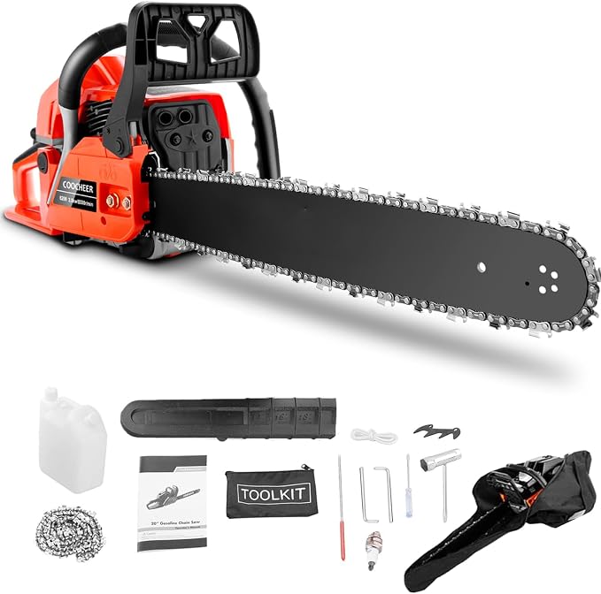 62CC Gas Powered Chainsaw with 20 Inch Bars, 3.5 HP 2-Stroke Engine for Wood Cutting, Tree Trimming and Farm Use, Gas Chainsaws with Non-Slip Handle, Carrying Bag & Tool Kit
