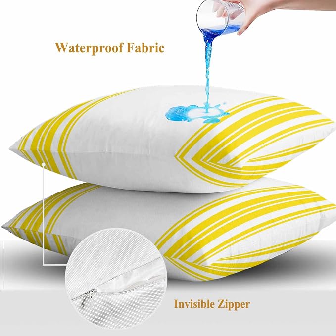 Outdoor Waterproof Throw Pillow Covers Set of 2 Yellow Stripes Pillowcases 26x26 Inches White Vertical Striped Decorative Pillows Cushion Case Patio Pillows for Couch Bed Chair Garden