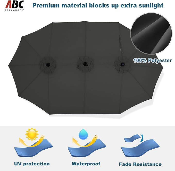 ABCCANOPY 15FT Patio Umbrella with Base, Outdoor Double-Sided Rectangle Umbrella Bonus Latch, Wights for Poolside, Lawn, Backyard (Dark Gray)