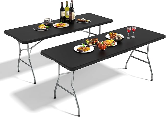 6FT Folding Table, 2 Pack Portable Plastic Folding Table, Foldable Dining Tables with Carrying Handle for Party, Picnic, Camping, Easy to Fold and Storage, for Indoor or Outdoor Use, Black