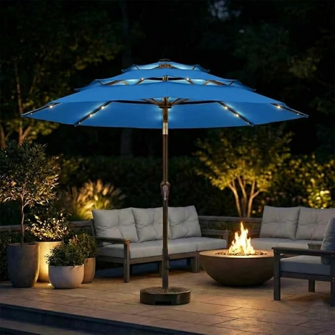 10ft 3-Tier Patio Umbrella with 32 Solar Powered LED Lights, Windproof Outdoor Market Umbrella for Deck, Poolside & Garden, Sturdy Push-Button Tilt Table Umbrella, Royal Blue