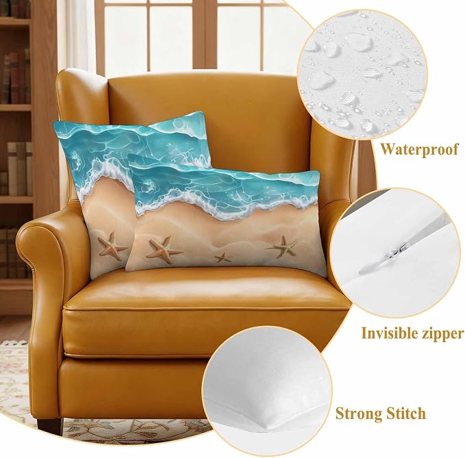 Ocean Beach Waterproof Outdoor Pillow Covers Set of 2 Home Decor, Starfish Sea Waves Coastal Seaside Sand Pillowcase Patio Pillow Covers for Couch Bench Furniture Garden 18x18in