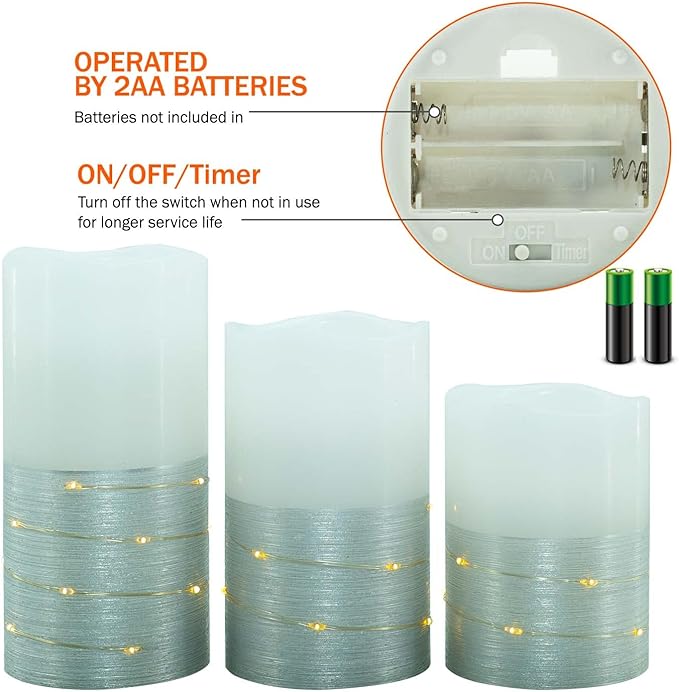 H-BLOSSOM Flickering Flameless Candles Ivory Real Wax Pillar with Embedded String Lights LED Candles Battery Operated with 10 Key Remote and Cycling 5H Timer Set of 3 (3" x 4"/5"/6") (Silver)