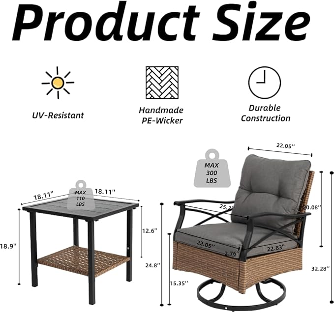 Outdoor Swivel Rocker Chairs Set 3 with 1 Table and 2 Rocking & Swivel Chairs, Brown Wicker Outdoor Furniture Patio Conversation Set
