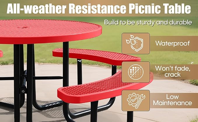 46 Inch Round Outdoor Metal Picnic Table, All-Weather Patio Dining Set for 6-8 Adults, Heavy Duty Steel with Central Umbrella Hole, Perfect for Garden, Backyard, Deck & Small Spaces - Easy Assembly