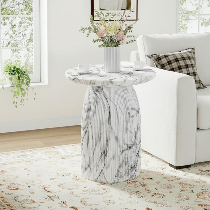 Christopher Knight Home Norford 17" Lightweight Concrete End Table, Indoor Outdoor Accent Table, Round Side Table with Marble Effect and Sculptural Base, Side Table for Patio or Living Room, Marble