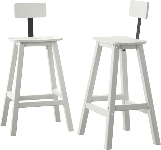 Bar Height Chairs Set of 2, HDPE Front Porch Chairs Set, Weather Resistance Outdoor Bar Stools Set for Spas, Cafes, Swimming Areas, Lodges and Hotels - White