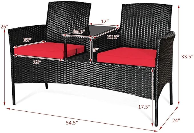 Patio Conversation Furniture Set, Outdoor Wicker Rattan Loveseat Sofa Set w/Tempered Glass Top, 2 Removable Cushions & Coffee Table, Ideal for Balcony/Garden/Lawn/Backyard, Red
