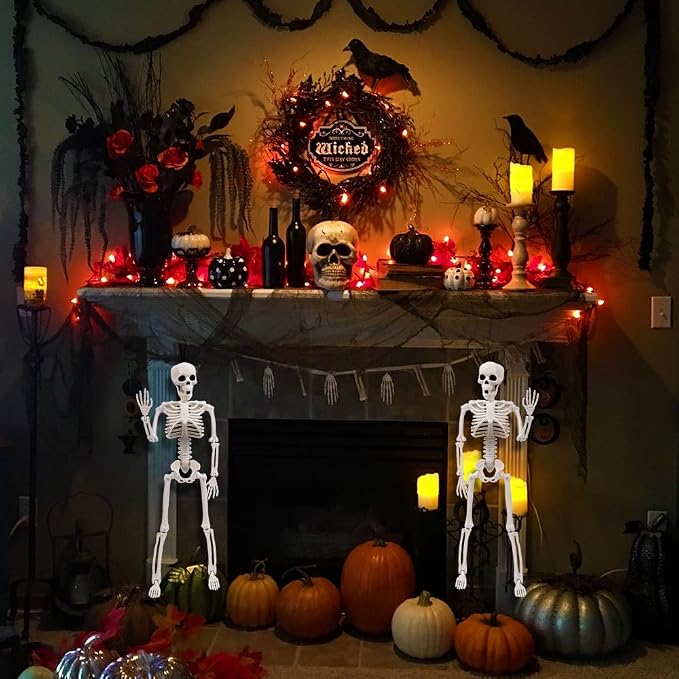 XIMISHOP 2pcs Skeleton Halloween Decoration, 16” Full Body Posable Hanging Plastic Decoration with Movable Joints for Indoor Outdoor