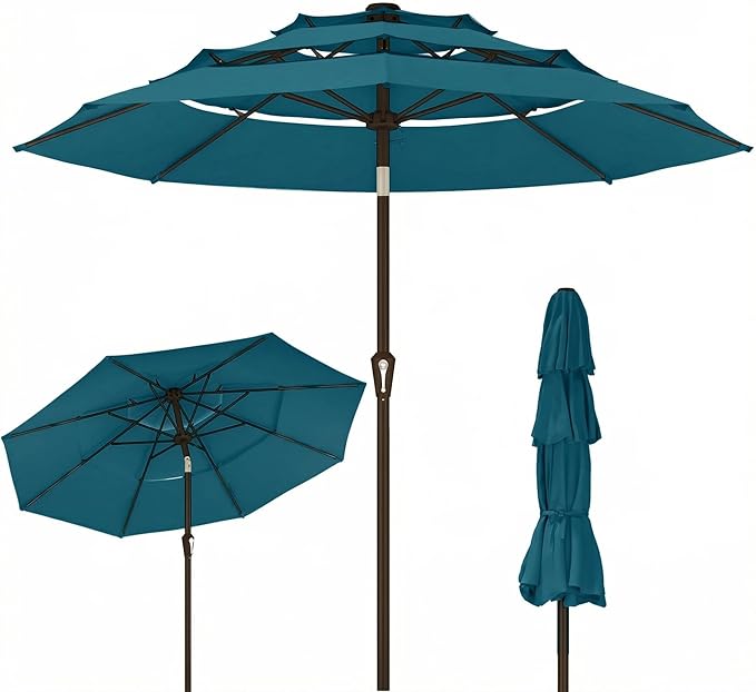 Kingdura 10ft 3-Tier Patio Umbrella, Outdoor Table Umbrella with Easy Crank & Tilt, 8 Reinforced Ribs, UV Protection for Deck, Pool, Market, Backyard (Lake blue)