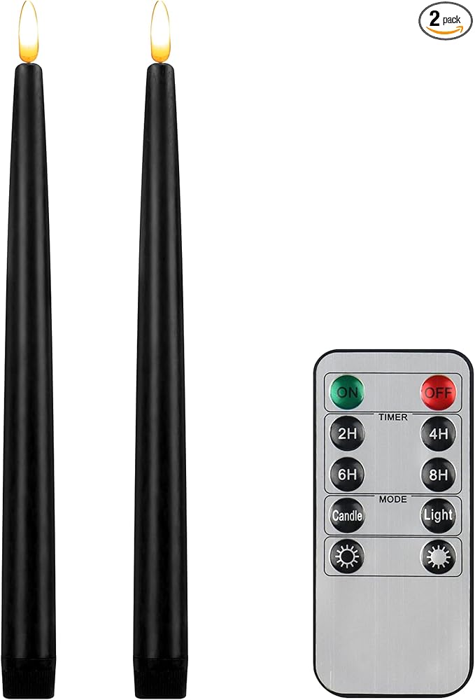 CVHOMEDECO. Flameless Taper Candles with 10-Key Remote, Battery Operated Led Flickering 3D Wick Window Candles Real Wax Finished Home Christmas Party Decor 0.78 x 11 Inch, Pack of 2, Black