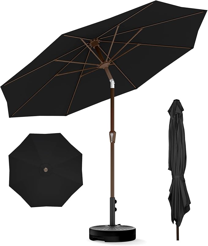 BRIOPAWS 9FT Patio Umbrella with Base Included | Outdoor Table Umbrellas | Push Button Tilt & Crank | 8 Sturdy Fiberglass Ribs | Waterproof | Heavy Duty for Garden Lawn DeckBackyard & Pool