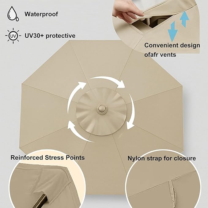 Outdoor Umbrella Replacement Canopy, 6 Ribs 8 Ribs Patio Umbrella Replacement Top Cover, 6.6ft 9 ft 10ft 13ft Waterproof Umbrella Top Canopy Fabric Replacement Canvas(Khaki,8.8FT 8-Ribs)