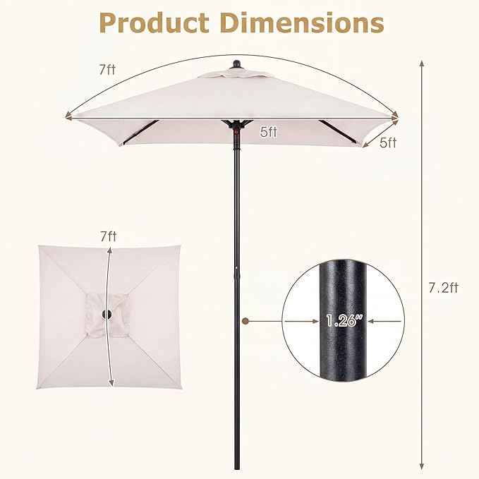 Giantex 5ft Square Patio Umbrella, Outdoor Table Umbrella with Push Bottom Tilt, 4 Sturdy Ribs, Fade Resistant & Waterproof Canopy, Market Umbrella for Deck, Pool, Backyard, Garden, Beach