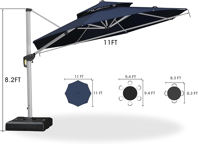 PURPLE LEAF 11 FT Cantilever Patio Umbrellas with Base Included, Large Round Offset Umbrella with 360° Rotation, Outdoor Aluminum Pool Umbrella for Pool Lawn Garden, Navy Blue