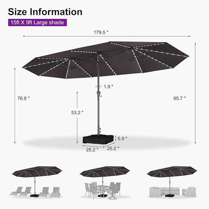 PURPLE LEAF 15ft Double-Sided Patio Umbrella with Base and Solar Lights Outdoor Market Umbrella with Crank Handle Rectangle Umbrella for Backyard Pool Garden Deck, Light Grey
