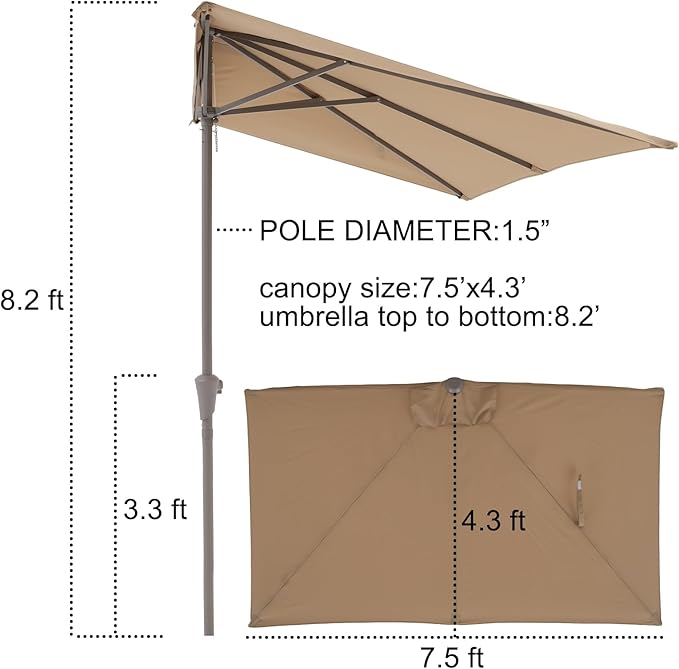 COBANA 7.5’by 4’Half Rectangular Outdoor Patio Umbrella for Patio, Balcony, Garden, Deck, Beige