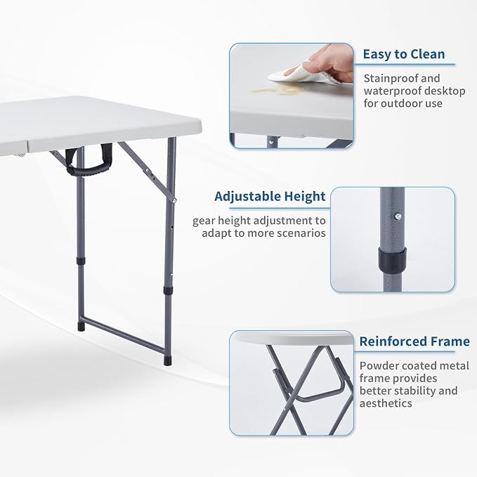 KAIHAOWIN Plastic Folding Table-4ft Portable Table Foldable Legs and Adjustable Height Utility Table for Indoor Outdoor Camping Banquet Party-White