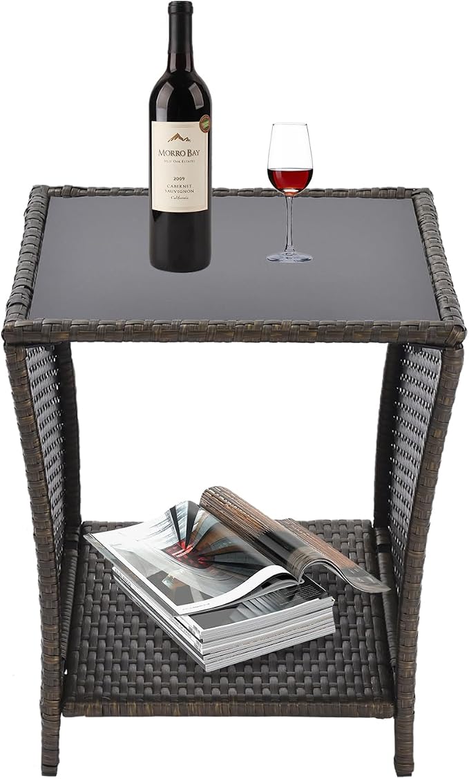 Patio Wicker Storage Side Table,Outdoor PE Rattan Woven Coffee End Table with Tempered Glass Top for Indoor Outdoor Porch Lawn Poolside Garden Backyard Balcony(Dark Blonde)