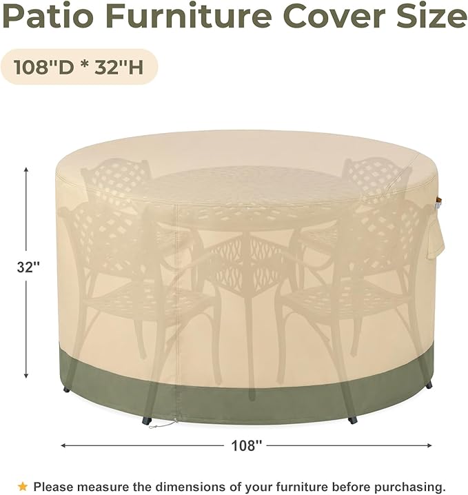 BPS Waterproof Patio Table and Chairs Cover, 600D Anti-UV Outdoor Dining Furniture Set Cover with Air Vent and Storage for Patio Round Sectional Set, 108''Dia x 32''H