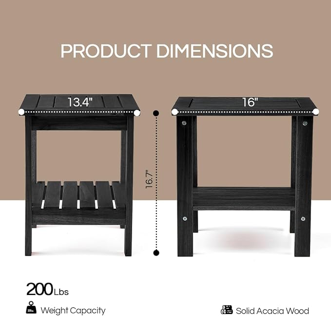 THYOI Premium Acacia Wood Outdoor Side Table, Adirondack Square Patio End Table with 2-Tier Storage Shelf, Weather-Resistant Small Table for Porch, Garden, Backyard, Poolside (Black)