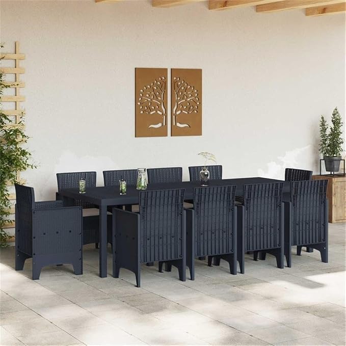 Afuera Living 11 Piece Poly Rattan Patio Dining Set, Anthracite Finish, UV-Resistant with Foam Cushions, Rectangular Table, Modern Outdoor Garden Furniture for Terrace or Backyard Dining, Seats 10