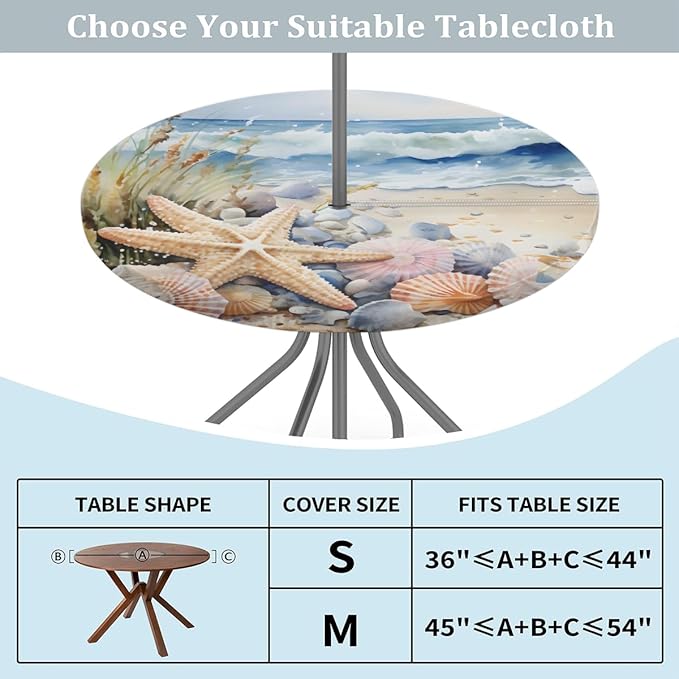 OSAM SPACE Outdoor Tablecloth with Umbrella Hole, Round Elastic Fitted Table Cloth with Invisible Zipper, Beach Starfish Picnic Patio Table Cover 45-56in
