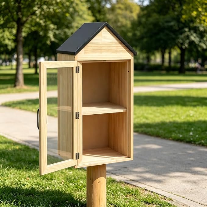 Little Outdoor Library Box, 2-Tier Waterproof Free Library Wooden Cabinet, 13"L x 11"W x 30"H Small Storage Box for DIY, Neighbourhoods, Communities and Kids to Share Books, Magazines, Artworks