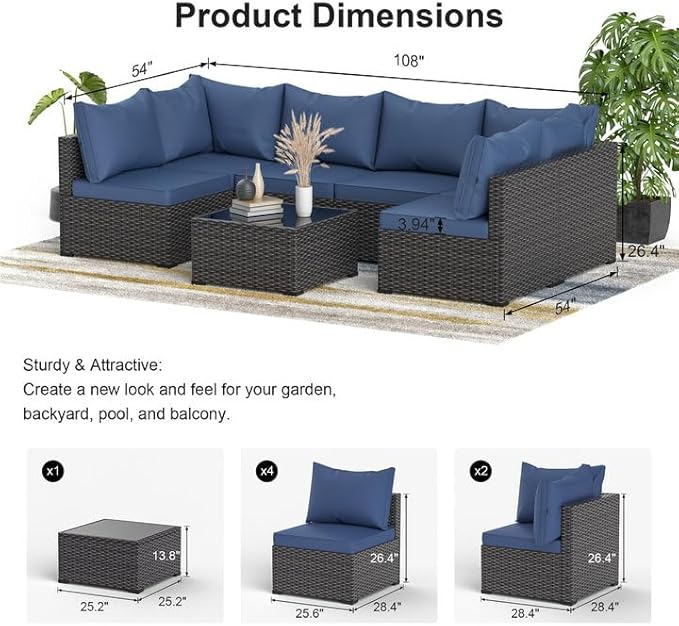 Patio Furniture Set, 7PCS Outdoor Sectional PE Rattan Patio Conversation Set w/Thickened Cushion Modular Wicker Patio Sofa Set w/Coffee Table for Balcony, Backyard(Blue)