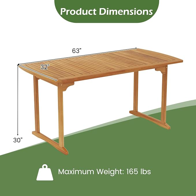 Tangkula 63-Inch Acacia Wood Outdoor Dining Table, 4-6 People Large Patio Table with Umbrella Hole & Slatted Tabletop, Rectangular Outside Table for Backyard, Garden, Porch, Deck