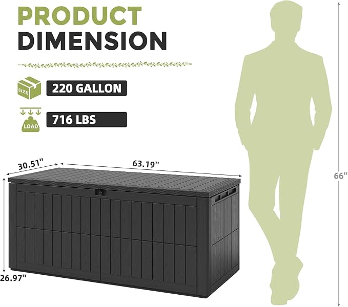 UDPATIO 220 Gallon Deck Box Outdoor Storage Box Lockable Waterproof Indoor Outdoor Storage Container for Patio Cushions, Garden Tools, Package Delivery Boxes for outside