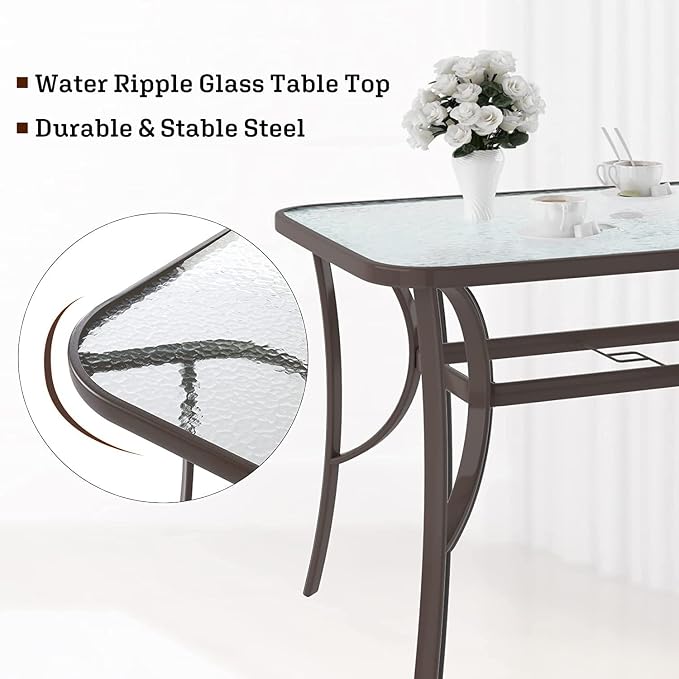 SogesPower Outdoor Tempered Glass Table Patio Dining Table with Umbrella Hole Steel Frame 47 inch Brown