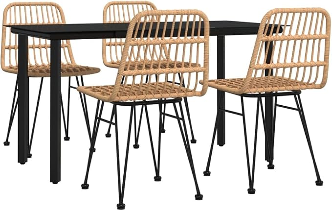 5 Piece Patio Dining Set Poly Rattan Outdoor Rattan Dining Table and Chairs for 4, Weather Resistant PE Wicker Patio Furniture Set with Tempered Glass Tabletop and Comfortable Porch Deck Black