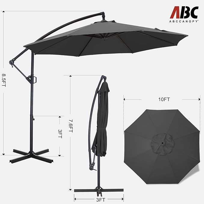 ABCCANOPY 10FT Cantilever Patio Umbrella with base included, 360° Rotation Outdoor Offset Umbrella for Backyard, Deck, Poolside (Dark Gray)